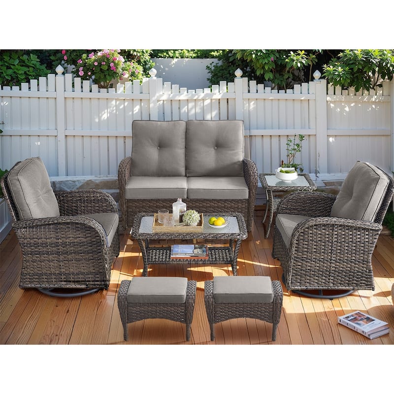 Patio Glider Loveseat Coffee Table, Swivel Chair and Ottomans - Brown - Grey - Brown