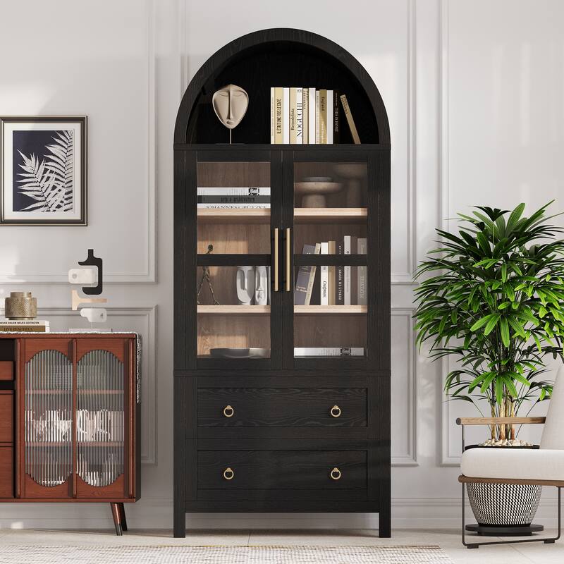 Anmytek 71" Arched Tall Pantry Cabinet, Glass Doors & 2 Drawers, Modern Farmhouse Storage Cupboard, Black