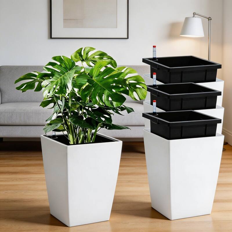 16-in Tall Self-Watering Planters Set of 4 with Drainage Holes Water Level Monitor and Inner Bucket Black - White