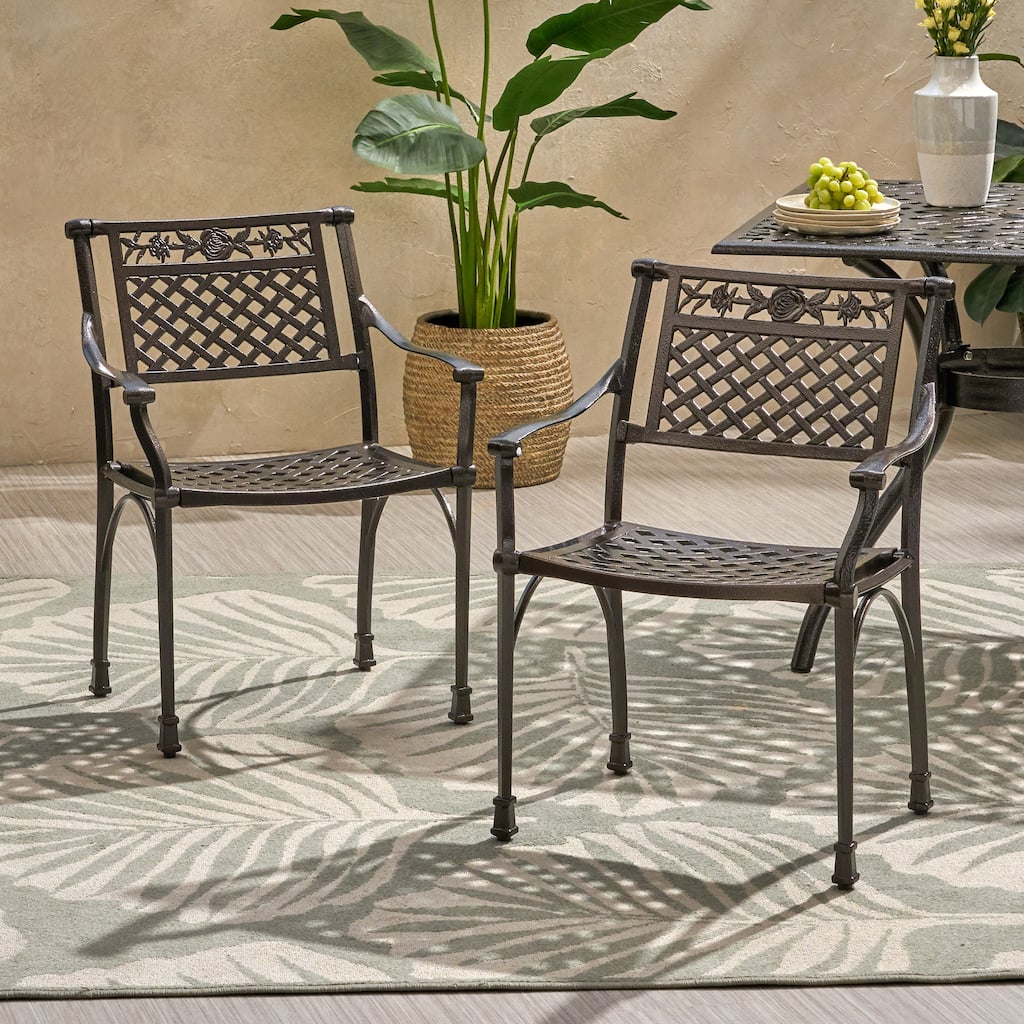 Roomfitters Cast Aluminum Outdoor Chair Set with Lattice Backrest and Classic Arm Design for Patio or Garden Seating, Bronze