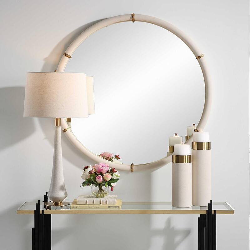 Faux Shagreen Cyprus Round Wall Mirror - 43" - White and Gold