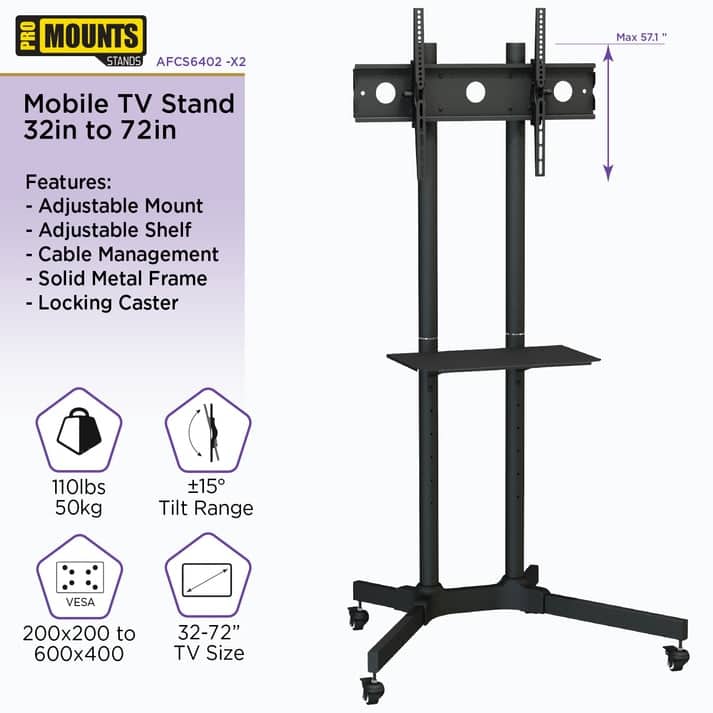 ProMount Premium Rolling TV Stand with Mount and Adjustable Shelf for 32"-72" TVs, Holds up to 110lbs