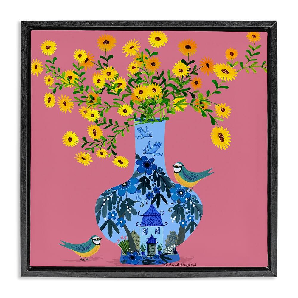 Stupell Ornate Vase with Daisies Framed Floater Canvas Wall Art Design By Kay Widdowson