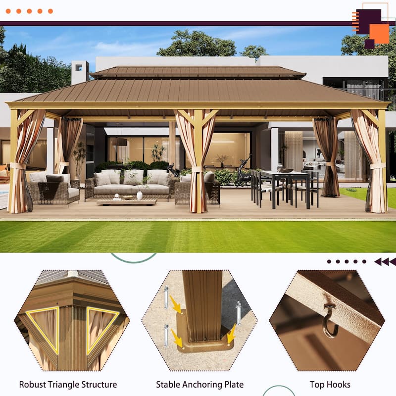 Wooden-Finish Aluminum Frame Outdoor Hardtop Gazebo with Galvanized Steel Double Roof, Premium Curtains, and Netting