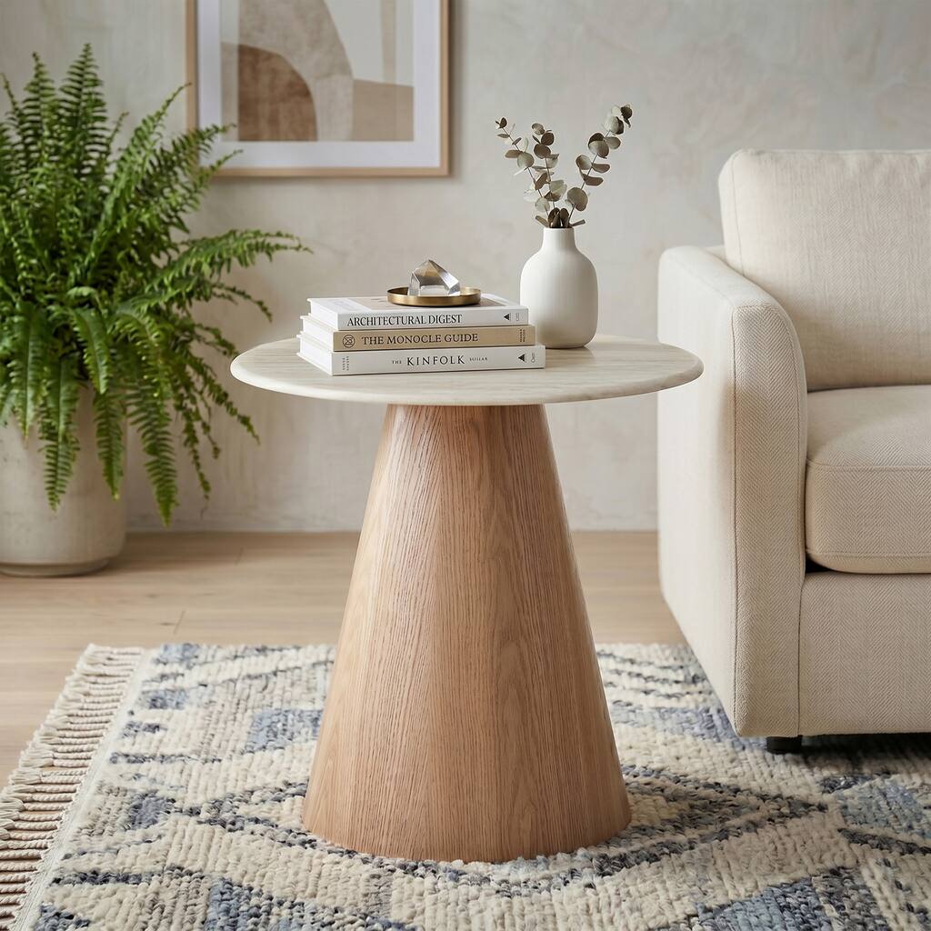 Furniture of America Yovik Modern Natural Wood Pedestal Base Round End Table with Sintered Stone Top