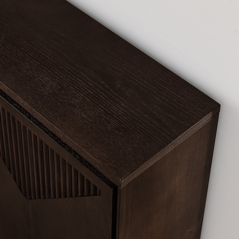 V-Shaped Fluted Storage Cabinet, Multi-Functional Narrow Side Cabinet, Wood Buffet Cabinet with 2 Doors & 2 Outlet Holes