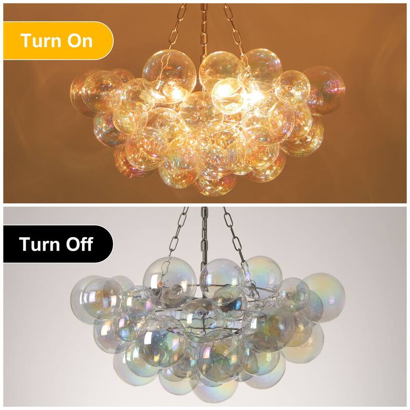 Starsky 6-Light lridescent Bubble Glass Globe chandelier, Hand-Blown Colorful cluster Light, Adjustable Height, Gold or Nickel