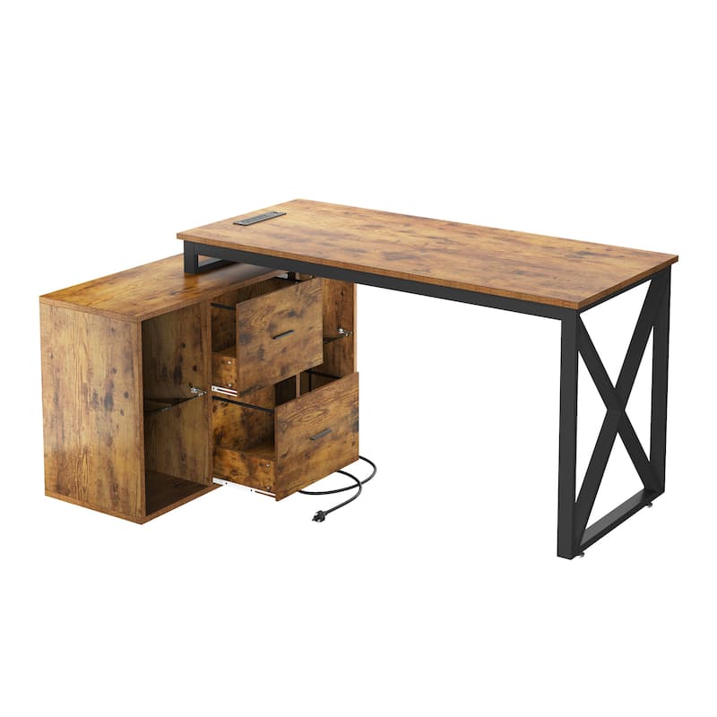 Moasis 55" Reversible L Shaped Gaming Desk with Power Outlets & LED Light Corner Computer Desk with Filing Cabinet - Brown