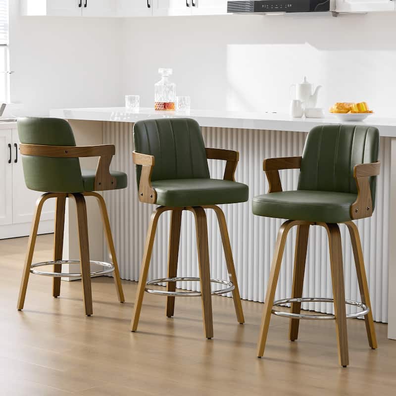 Upholstered Wood Swivel Counter Height Barstool with Arms - 37.8"H x 18.7"W x 19.29"D - Set of 3 - Green