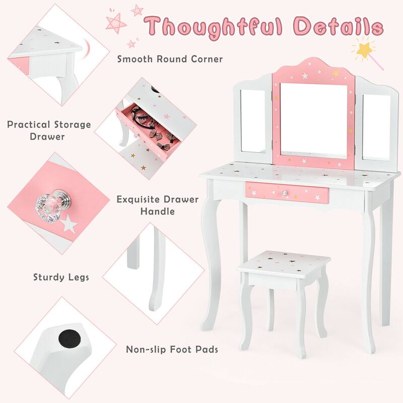 Gymax Kids Vanity Princess Makeup Dressing Table Chair Set W/ - See Details