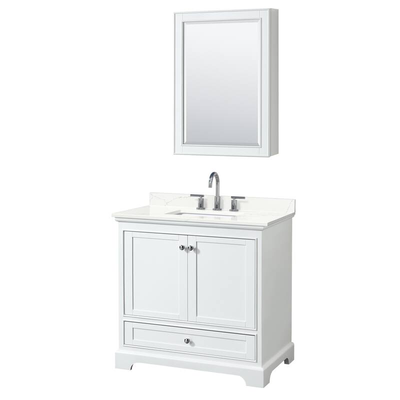 Deborah 36-inch Single Vanity, Quartz Top, Medicine Cabinet - White, Chrome Trim, Giotto Quartz Top