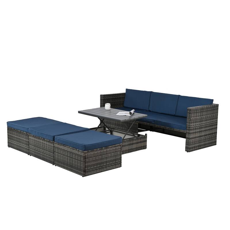 5 Piece Outdoor PE Wicker Sofa Set, Patio Conversation Furniture Set with Lift TOP Coffee Table and Lounger Sofa