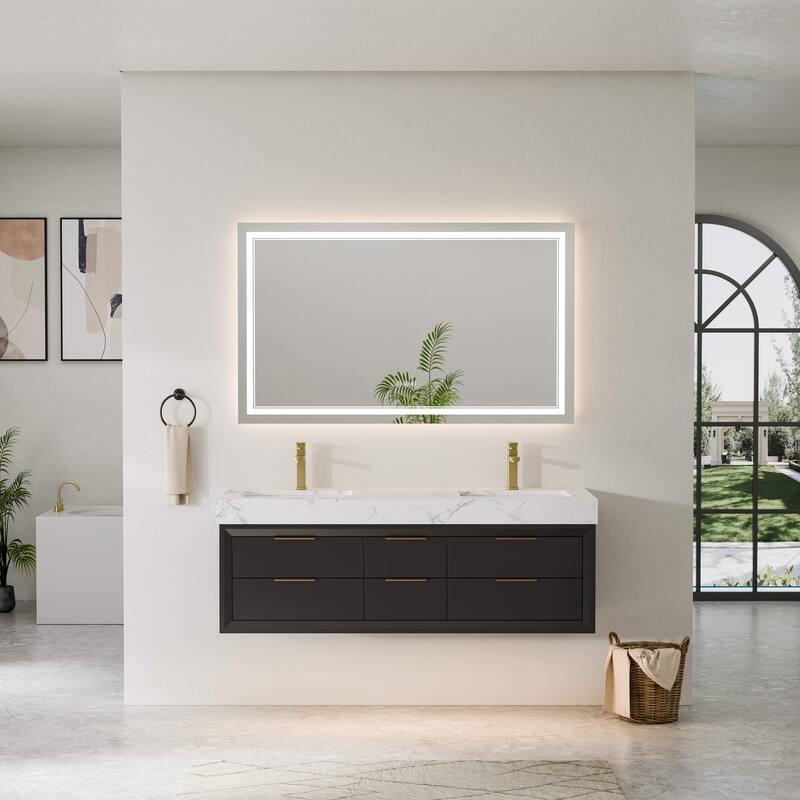 Modland 60" Modern Floating Bathroom Vanity with Double Sink, Soft-Close Drawers, White Stone Countertop - Black