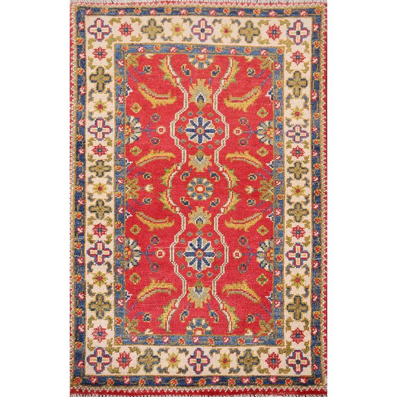 Hand Knotted Oriental 100% Wool Carpet Traditional Floral Red Kazak Area Rug - 3' 3'' X 2' 1''