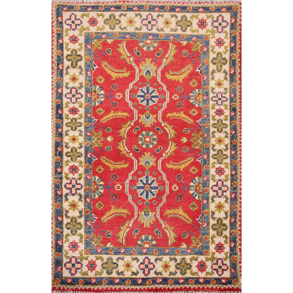 Hand Knotted Oriental 100% Wool Carpet Traditional Floral Red Kazak Area Rug - 3' 3'' X 2' 1''