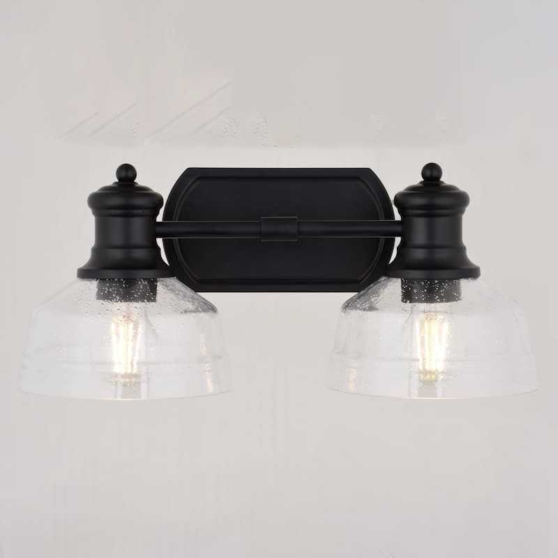 Beloit 2-Light 17 in. W Matte Black Farmhouse Bathroom Vanity Lighting Fixture Clear Seeded Glass Shade, Dimmable LED Compatible
