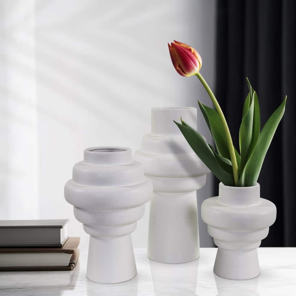 Allan Andrews Matte White Cylindrical Rounded Curved Ceramic Vase Collection