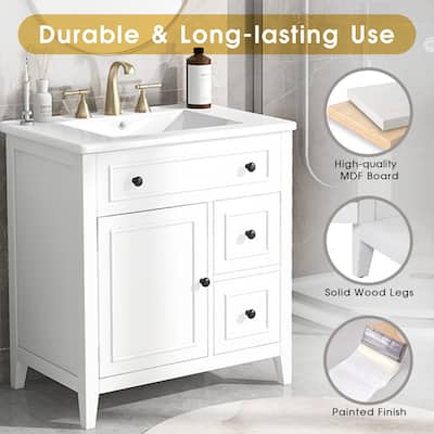 White Bathroom Vanity 30" Freestanding Bathroom Cabinet w/ Ceramic Sink - 30 In. L X 18.3 In. W X 32.5 In. H