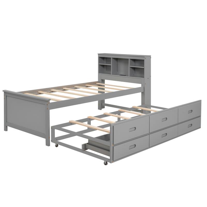 Twin Size Pine Wood Platform Bed Frame with 3 Drawers & Trundle