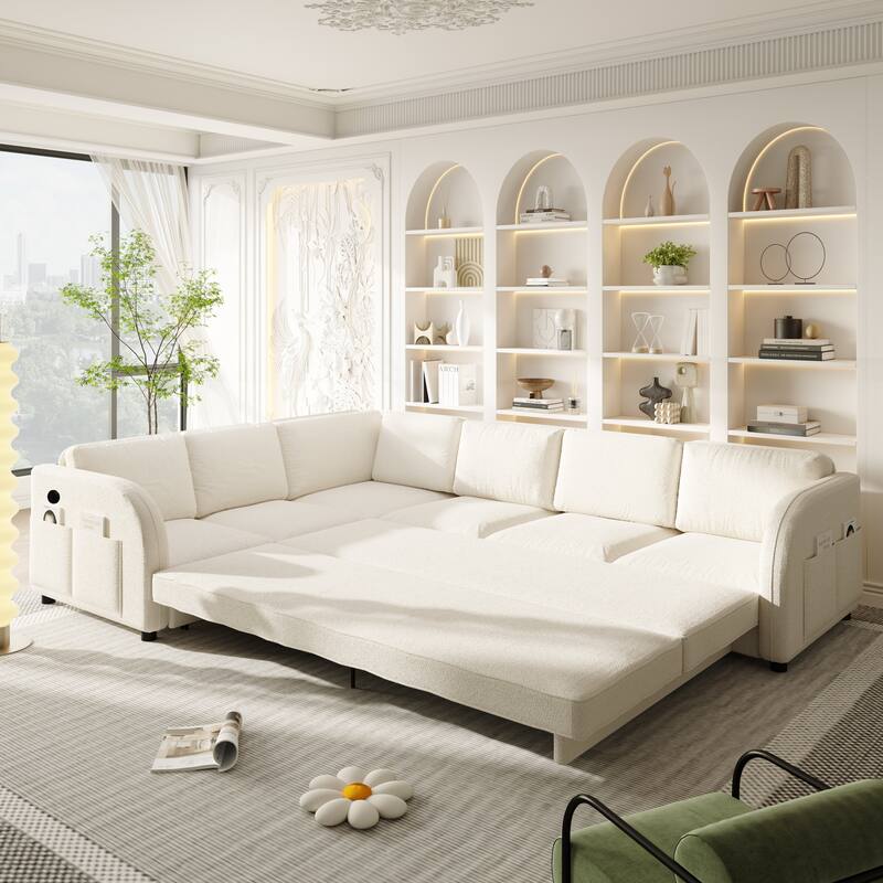 115" L-Shaped Sectional with Pull-Out Bed, USB Ports & Side Pockets, King Size Upholstered Bed