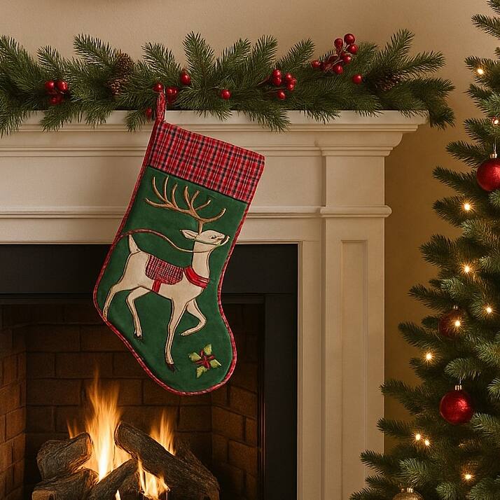 20" Reindeer Wonderland Quilted with Plaid Cuff Hanging Large Christmas Stocking