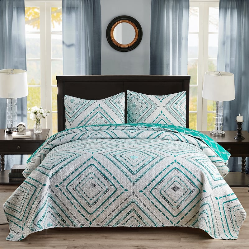 Vintage Rose Reversible Quilt Set, Bedspread, Coverlet - Turquoise Geometric - King