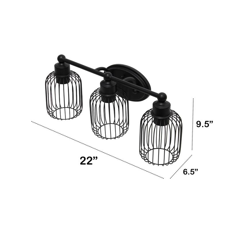 Open Cage Industrial 3-Light Uplight Downlight Vanity Wall Sconce - 22" - Black
