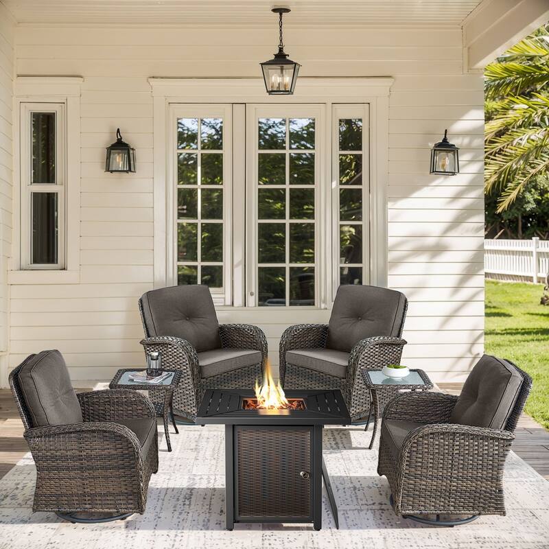 Patio Sofa Swivel Chair with Propane Fire Pit Table - Brown Rattan - Grey Cushion - 7PCS Swivel Chair Table with Fire Table