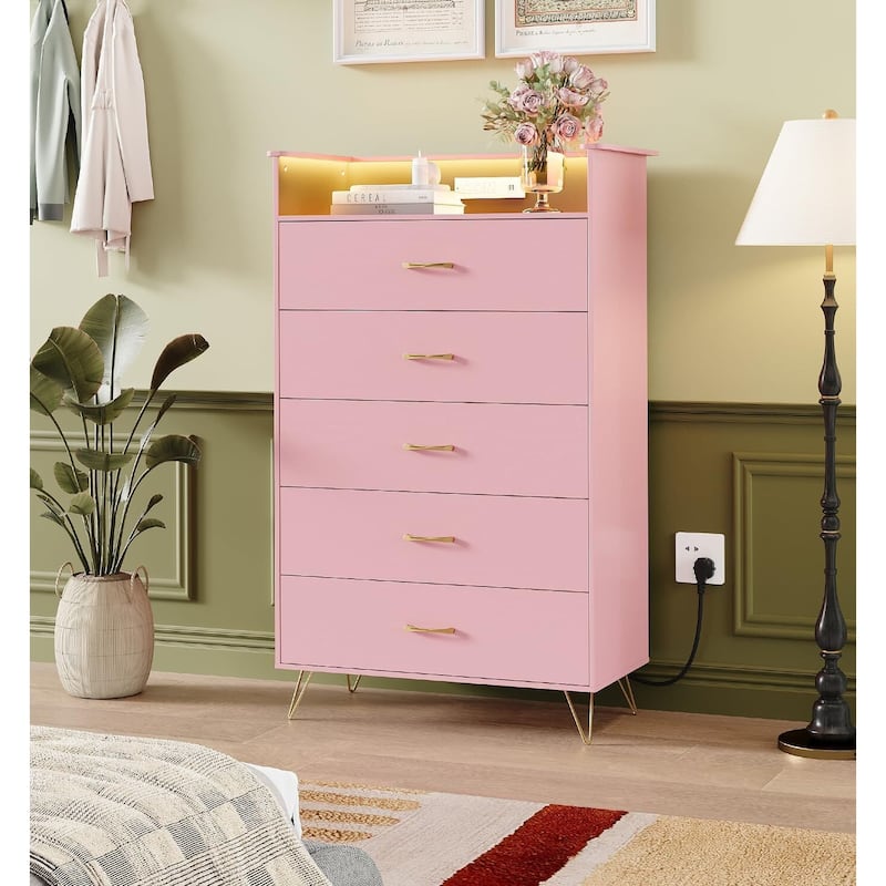5-Drawer Dresser for Bedroom with Charging Station & RGB Lights - Pink