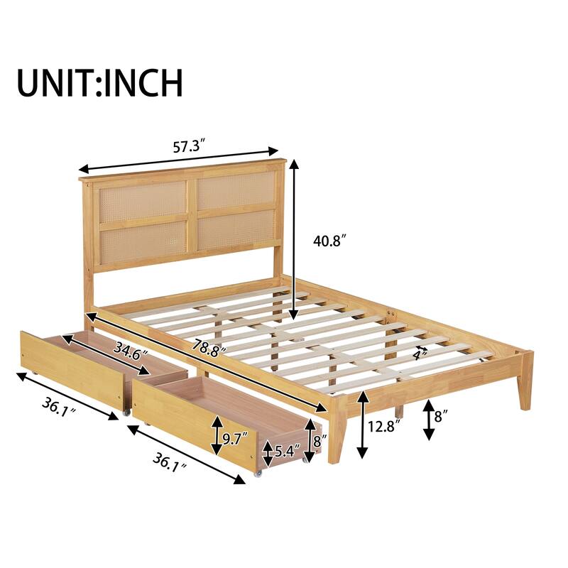 Full Size Bed with Rattan Headboard and Two Storage Drawers, White Oak Finish