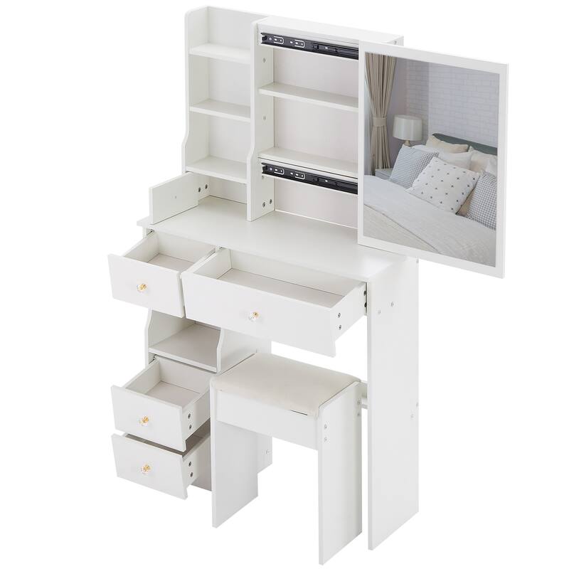 Vanity Desk with Sliding Mirror, Makeup Table with Drawer and Multi Layer Storage Rack, Vanity Set with Cushioned Stool