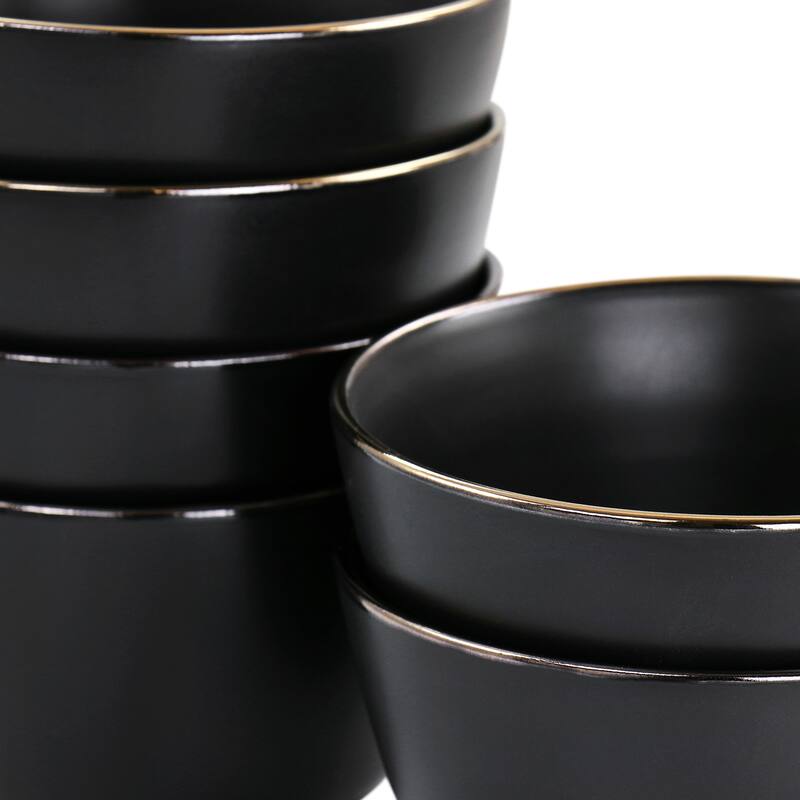 Elama Paul 6 Piece Stoneware Bowl Set in Matte Black with Gold Rim - 5.6 Inch