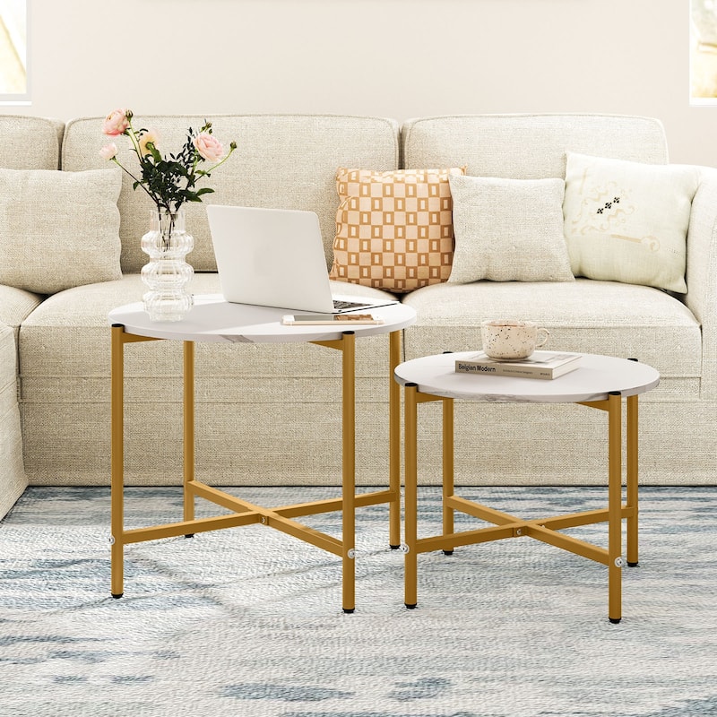Nesting Round Coffee Tables Set of 2 with Sturdy Metal Frame - 25.5" x 25.5" x 20"