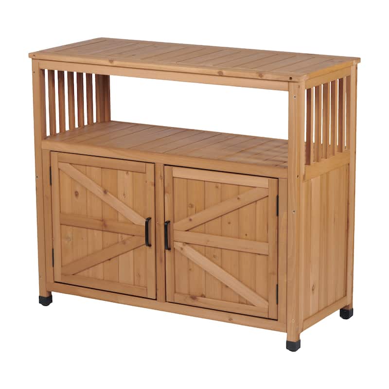 Outdoor Patio Storage Cabinet with Slatted Cedar, Wooden Patio Bar Table, Buffet Cabinet Sideboard Console Table