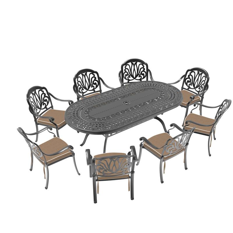 7/9-Piece Cast Aluminum Outdoor Dining Set with 82.87'' L X 42.13'' W Oval Table and Random Color Seat Cushions