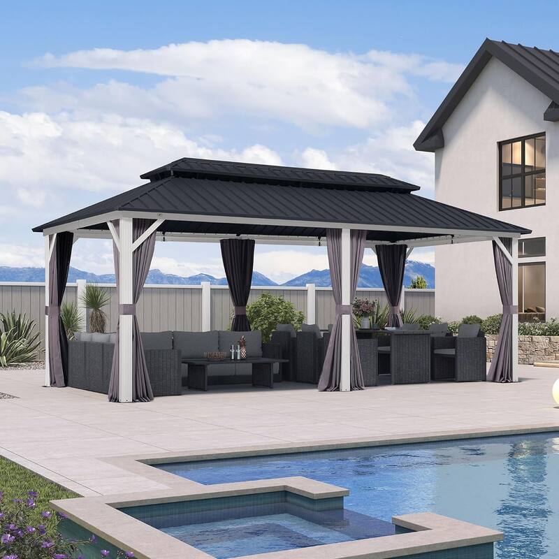 PURPLE LEAF Patio Hardtop Gazebo for Outdoor Grey Galvanized Steel Double Roof White Aluminum Poles