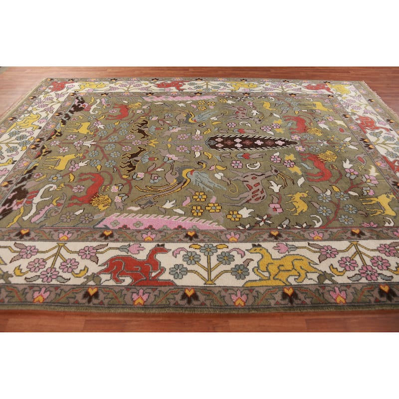 Hunting Animals Green Ziegler Indian Area Rug Handmade Wool Carpet - 9'1"x 11'11"