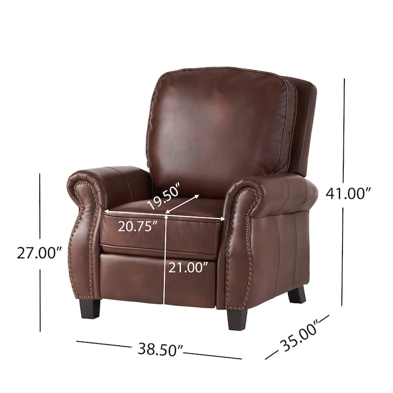 Roomfitters Push Back Recliner Chair, Classic Leather Recliner with Nailhead Trim for Living Room, Brown