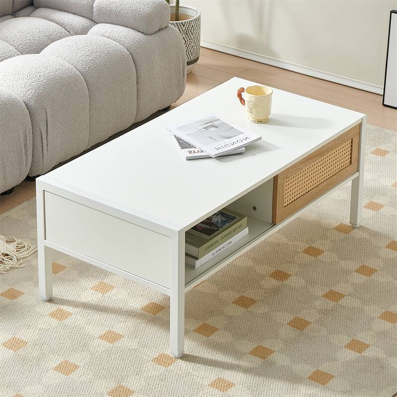 Rattan Storage Coffee Table with Sliding Door and Metal Legs