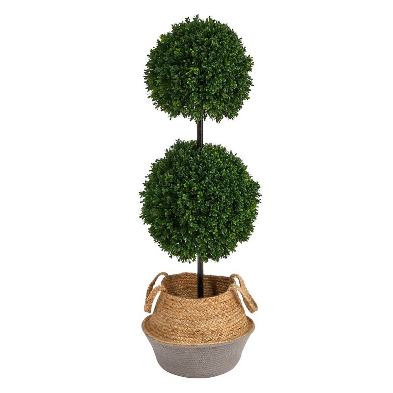 Artificial Topiary Tree - 3.5Ft Double Ball Indoor Outdoor - Boho Planter - Gray Woven Design - Green - 51-60 Inches
