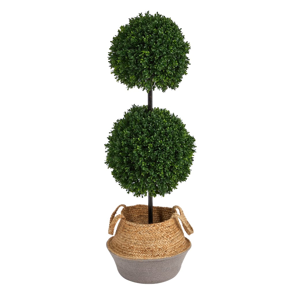 Artificial Topiary Tree - 3.5Ft Double Ball Indoor Outdoor - Boho Planter - Gray Woven Design - Green - 51-60 Inches