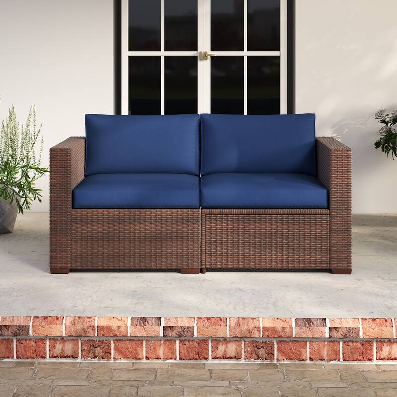 2-piece Outdoor Wicker Sectional Sofa Loveseat Set - Brown and Blue