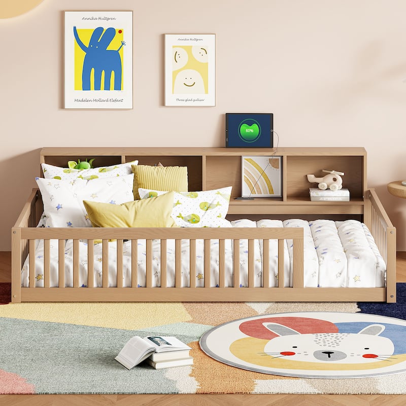 Twin XL Floor Bed with Storage Cabinets and USB Ports, Brown