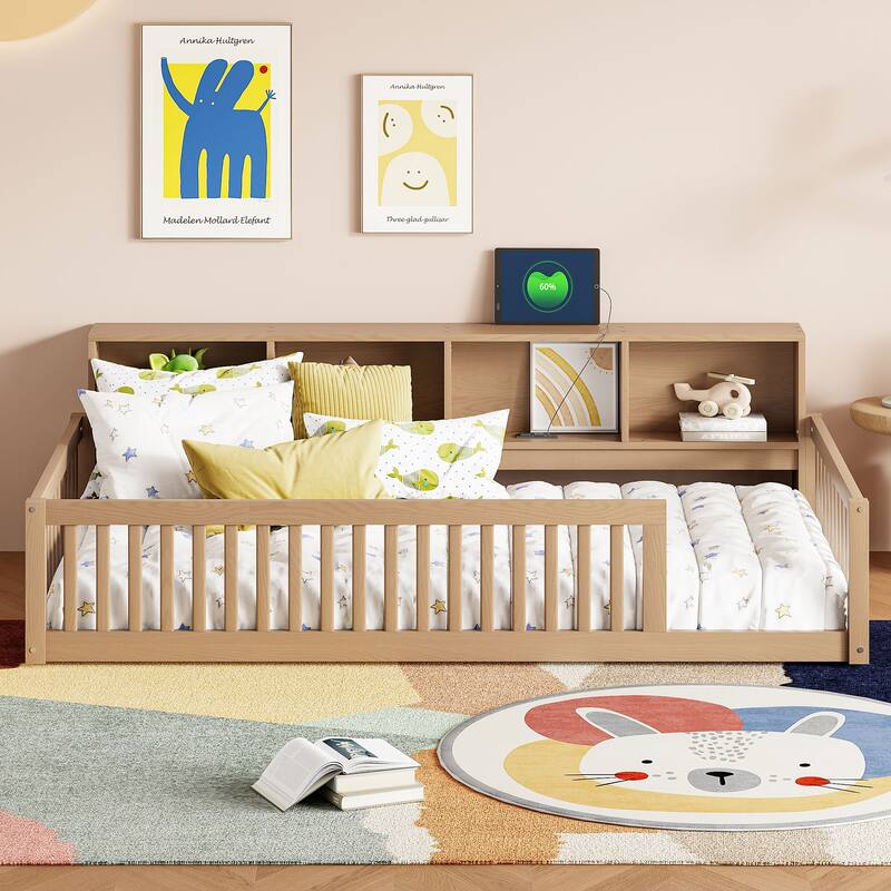 Twin XL Size Floor Bed with Built-in Storage Cabinets, USB Ports, and Charging Station, Perfect for Kids and Small Rooms