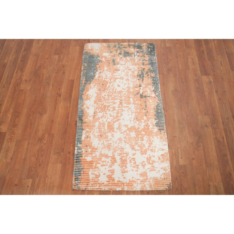 Hand Knotted Oriental Viscose Silk Carpet Modern All-Over Peach Abstract Area Rug - 4' 0'' X 2' 0''