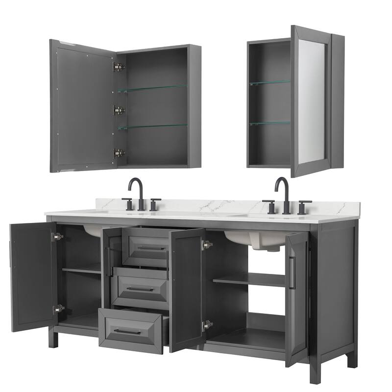 Daria 80-inch Double Vanity, 3 Hole Quartz Top, Med Cabinets