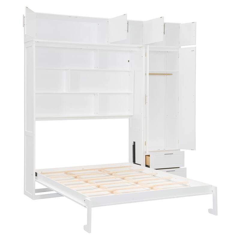 All-in-one Bookcase Murphy Bed Wood Foldable Hidden Bed Wall Platform Bedframe Chest Queen Bed wTop Cabinet & Storage Headboard