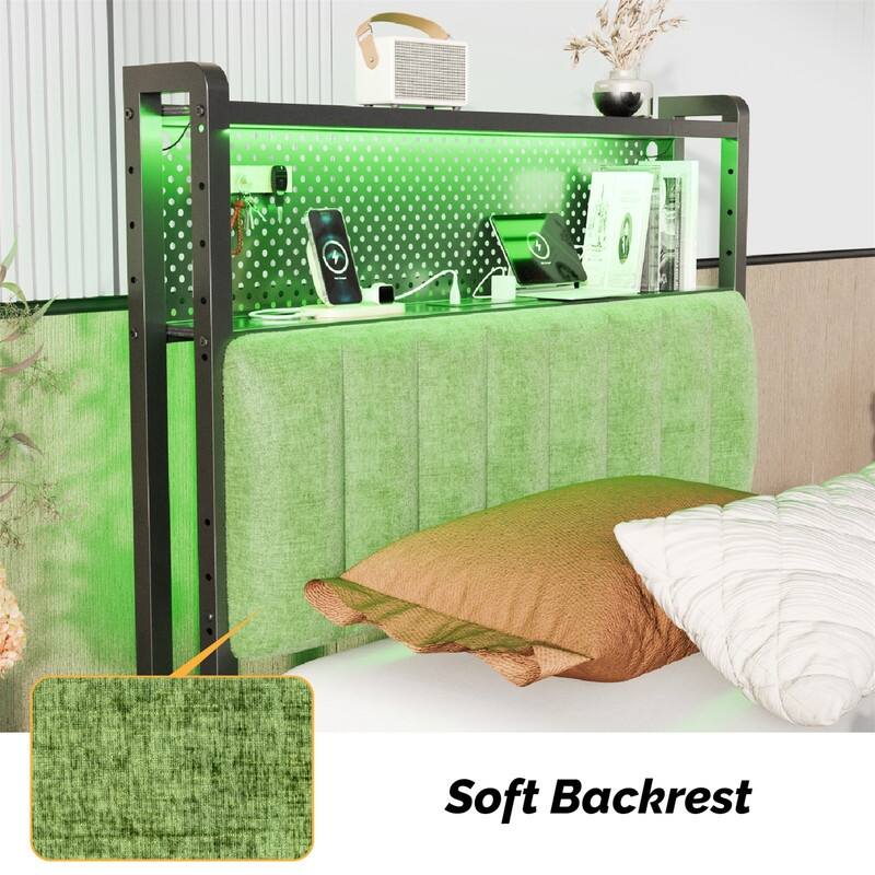 Adjustable Upholstered Headboard with 2 Tier Shelves with Charging Stations and LED Lights, Modern Bed Headboard with Storage