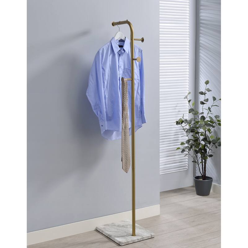 L-Shape Coat Rack Gold Metal Contemporary Stand with Marble Base - Gold