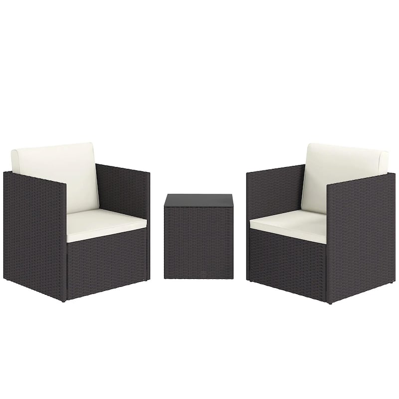 Folding Wicker Bistro 3-Piece Outdoor Set with Cushions and Glass Top